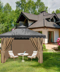 Universal Privacy Curtain For 10x12 Gazebo, 4 Panels Waterproof Outdoor Sidewalls With Zipper, Brown, shown installed on gazebo.