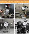 0 To 1 Inch Dial Indicator With 0.001 Inch Resolution, attached to lathe and CNC machines, demonstrating precision measurement.