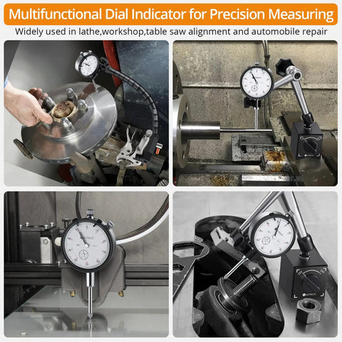 0 To 1 Inch Dial Indicator With 0.001 Inch Resolution, attached to lathe and CNC machines, demonstrating precision measurement.