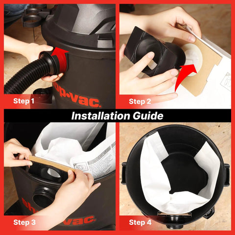 Installation guide for Disposable Vacuum Filter Bags For 5-9 Gallon Vacs with step-by-step fitting in vacuum tank.