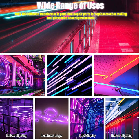 Various neon sign displays showcasing vibrant colors for High Voltage Neon Sign Power Supply 6.5KV 30mA Transformer 120VAC UL Listed.