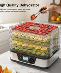 Five Tray Food Dehydrator With Seamless Seventy Two Hour Countdown And Smooth Temperature Controls For No Sweat Drying Of Fresh Herbs Garden Fruit And Quality Homemade Jerky All Day Long filled with colorful fruits.