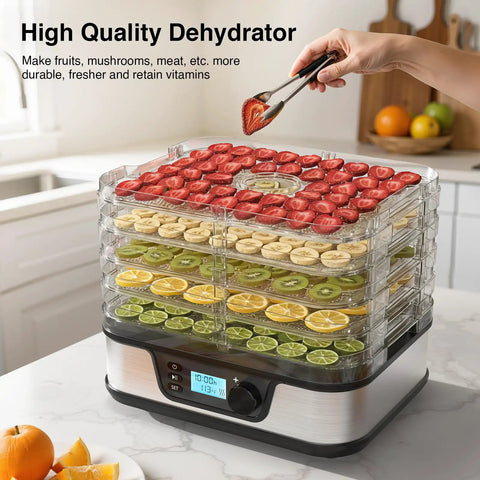 Five Tray Food Dehydrator With Seamless Seventy Two Hour Countdown And Smooth Temperature Controls For No Sweat Drying Of Fresh Herbs Garden Fruit And Quality Homemade Jerky All Day Long filled with colorful fruits.