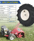 13x5.00-6 Tubeless Tiller Tire And Wheel Set With 1 Inch Axle And 3-1/8 Inch Centered Hub on red tiller