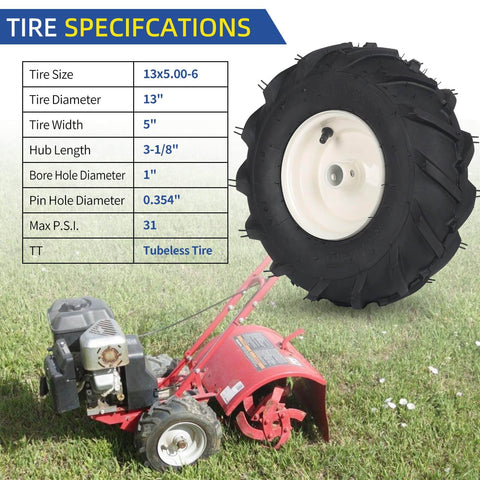 13x5.00-6 Tubeless Tiller Tire And Wheel Set With 1 Inch Axle And 3-1/8 Inch Centered Hub on red tiller