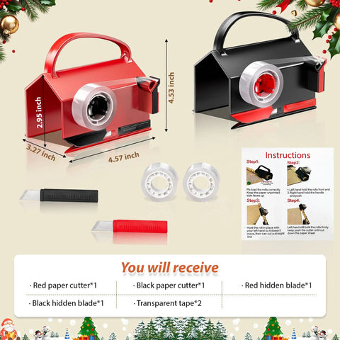 Game Changing Gift Wrap Cutter With Built In Tape Dispenser, red and black cutters with tape rolls and instructions.