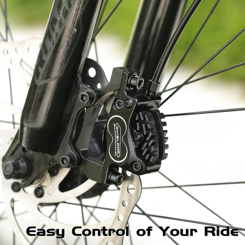 Front view of black DYISLAND hydraulic disc brake caliper mounted on a mountain bike fork with rotor