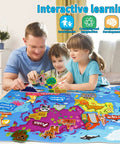 Family playing with World Map Felt Set For Kids, Hands-On Flannel Board Educational Play Mat With World Famous Sights, 43 By 28 Inch Preschool Geography Fun.