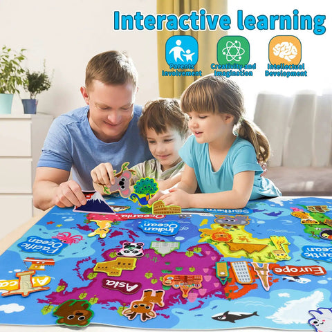 Family playing with World Map Felt Set For Kids, Hands-On Flannel Board Educational Play Mat With World Famous Sights, 43 By 28 Inch Preschool Geography Fun.