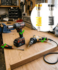 No Sweat Quick Grab Magnetic Depth Stop Bit Holder For Impact Driver And Power Drill With Zero Hassle shown with tools on a wood surface.
