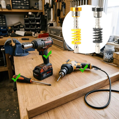 No Sweat Quick Grab Magnetic Depth Stop Bit Holder For Impact Driver And Power Drill With Zero Hassle shown with tools on a wood surface.