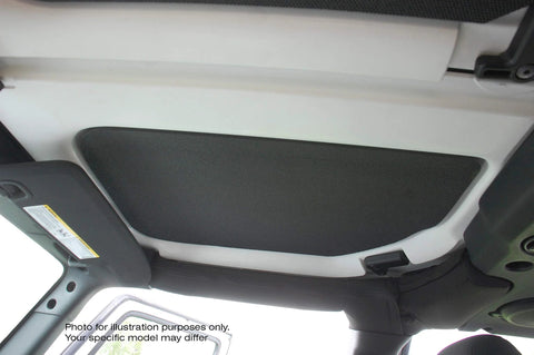 Design Engineering Boom Mat black sound-deadening headliner panel installed in 4-door Jeep Wrangler JL interior