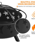 Close-up of round 30-inch fire pit with celestial star and moon cutouts, spark screen, and details on heat resistance material.