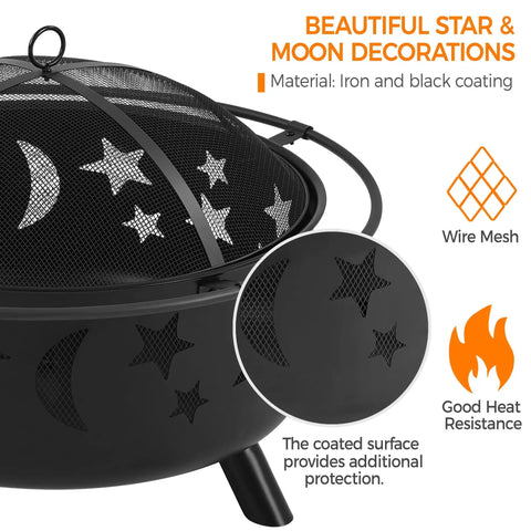 Close-up of round 30-inch fire pit with celestial star and moon cutouts, spark screen, and details on heat resistance material.