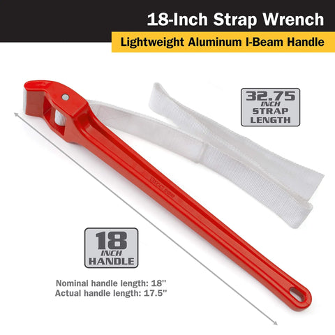 18 Inch Strap Wrench With 1.75 Inch Strap Width And 32.75 Inch Strap Length For Pipes Fittings Shafts And Irregular Shapes.