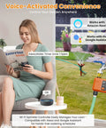 Woman using voice control with WiFi Water Timer For Garden Hose Smart Sprinkler Controller With 984 Feet Long Range Solid Wall Penetration App And Remote Control Voice Control Rain Delay Manual Mode One Outlet Irrigation System.