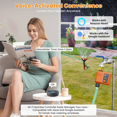 Woman using voice control with WiFi Water Timer For Garden Hose Smart Sprinkler Controller With 984 Feet Long Range Solid Wall Penetration App And Remote Control Voice Control Rain Delay Manual Mode One Outlet Irrigation System.