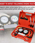 Cylinder leak-down tester kit in red case with gauges, hoses and adapters (front view)