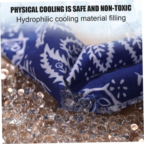 Close-up of Five Pack Water Activated Cooling Neck Wraps with hydrophilic cooling beads inside, blue and white bandana pattern.