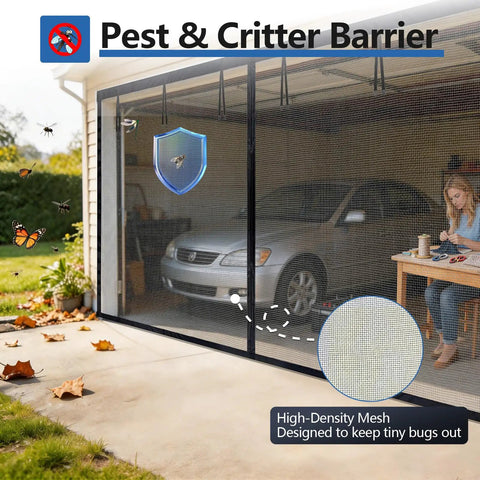 Magnetic Closure Garage Door Screen 9 by 7 Feet for One Car with fiberglass mesh, installed on a garage, blocking bugs