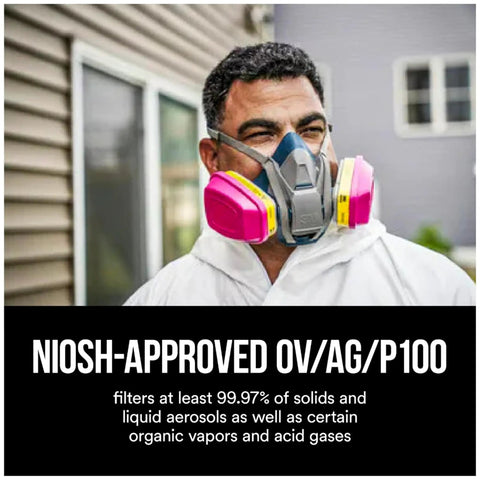 Man wearing a Replacement Organic Vapor And Acid Gas Cartridge With P100 Filter For Multi-Purpose Respirator 60923H1-DC outdoors