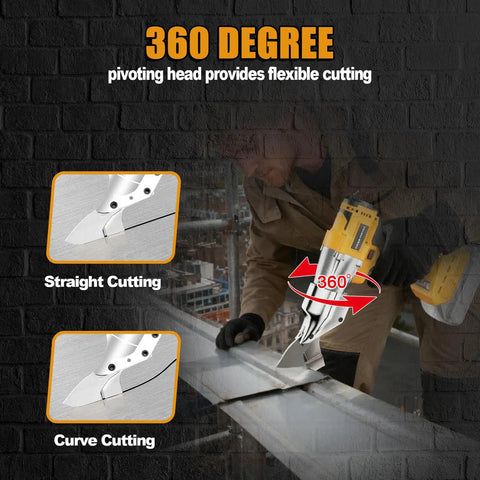 Cordless Metal Shear Sheet Cutter With 360 Degree Pivoting Head cutting metal sheet, showcasing straight and curve cuts