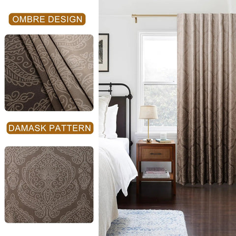 Brown Ombre Curtain Panels Set Of 2 For Small Windows 42W X 63L Each Room Darkening Light Blocking Blockout Thermally Insulated Damask Drapes