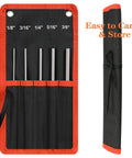 8 Inch Long Carbon Steel Pin Punch Set Includes 5 Punch Sizes 1/8 Inch 3/16 Inch 1/4 Inch 5/16 Inch and 3/8 Inch Knurled Handle Pin Punches With Durable Build And Handy Storage Pouch For Quick Pro Grade Pin Removal in a black and red pouch.