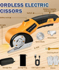 Heavy Duty Electric Cardboard Scissors With LED Light And Safety Lock Tungsten Steel Blade 2000Mah Battery details and accessories on a wooden surface.