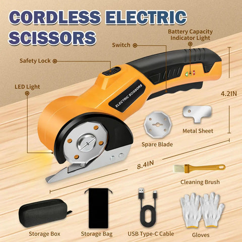 Heavy Duty Electric Cardboard Scissors With LED Light And Safety Lock Tungsten Steel Blade 2000Mah Battery details and accessories on a wooden surface.