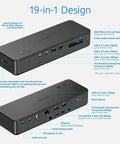 Butter Smooth Thunderbolt 5 Dock For MacBook Pro And Max, 140W Fast Charge, 80Gbps Data Transfer, Hella Crisp 8K Video Output, Lockable M2 Drive Slot, Total Game Changer Setup with multiple ports shown.