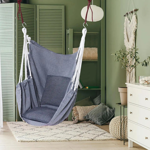 Two Piece Hammock Chair Set With Cushions For Indoor Outdoor Use Large Hanging Rope Swing Seats Gray Supports Up To 300 Lbs