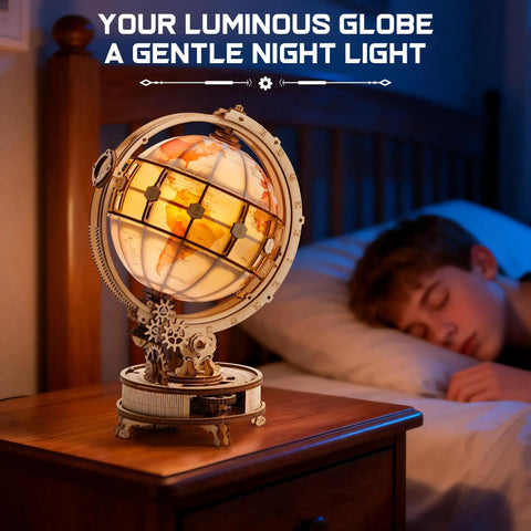 Illuminated Rotating Wooden Globe Puzzle Night Light Kit 185 Piece 3D Geography Model For Adults And Teens 14 Plus No Glue Needed Learn While You Build Hands On on bedside table