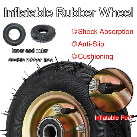 Inflatable Rubber Wheel featuring double rubber tires, showcasing shock absorption and anti-slip features, ideal for mobility.