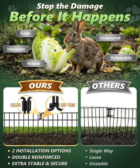 Comparison of no dig animal barrier fence panels set with focus on stability and installation options, featuring clips and zip ties.