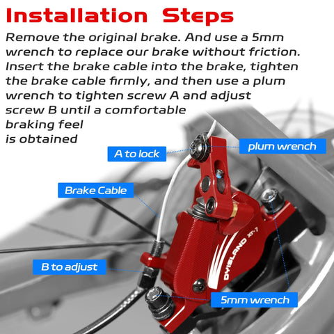 XT7 Hydraulic Disc Brake Calipers For MTB And Electric Bikes Front And Rear Line Pulling Cable Actuated Two Pistons With Huge Stopping Power And CNC Machined Design Red installation steps with tools