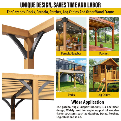 Beefy Heavy Duty Arc 45 Degree Angle Support Brackets Set For Wood Frames, used in gazebos and decks, outdoor powder coated black