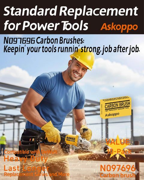 Ten Pack Heavy Duty Carbon Brushes For Angle Grinders Replacement Parts N097696 with worker using angle grinder outdoors.