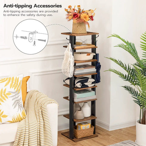 8-Tier Vertical Wooden Shoe Rack With Hooks Space Saving Narrow Shoe Tower That Holds 8 Pairs For Entryway Living Room And Bedroom In Rustic Brown Finish For Clutter Busting No-Nonsense Organization, displayed in a living room with shoes and decor items.
