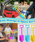 Heavy Duty 16 Inch Beach Shovel Set Of 3 For Kids And Adults shown in trunk, basket, and on wall display, pink, blue, yellow shovels