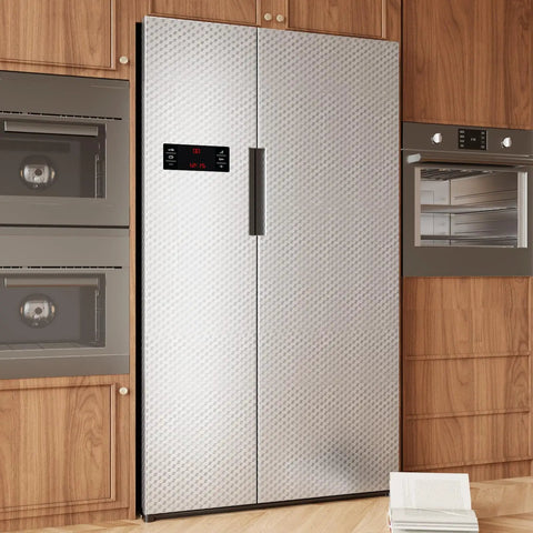 Refrigerator covered with Silver Stainless Steel Contact Paper Easy Peel And Stick Kitchen Backsplash Wallpaper 24 Inch By 354 Inch
