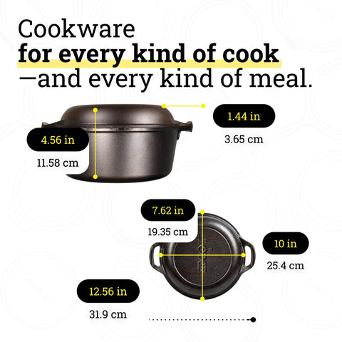 Versatile Five Quart Cast Iron Double Dutch Oven And Skillet Pot with size dimensions, pre-seasoned and oven-safe design