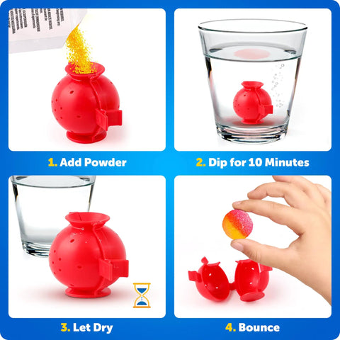 DIY Glow In The Dark Bouncy Ball Kit For Kids Build Your Own Neon Orbs With 5 Mold Shapes And 6 Color Powders Create Up To 45 Glowing Balls In Four Easy Steps A Totally Fun STEM Science Activity That Sparks Hands On Learning. 4-step bouncy ball mold with powder, water, drying, and finished ball