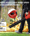 Man using Powerful Cordless Leaf Blower That Runs On Your M18 Battery, 580 CFM, 6 Speed Brushless Handheld Tool, Black and Red, on leaves