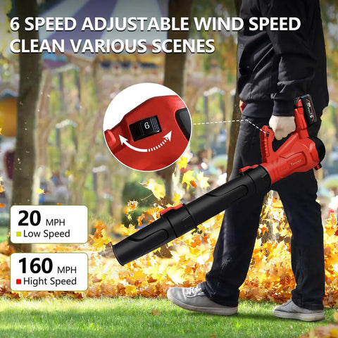 Man using Powerful Cordless Leaf Blower That Runs On Your M18 Battery, 580 CFM, 6 Speed Brushless Handheld Tool, Black and Red, on leaves