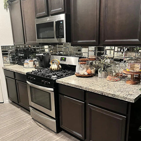 Modern kitchen with Mirror Peel And Stick Subway Tile Beveled Glass Backsplash For Kitchen And Bathroom Wall 3x6 Inch Self Adhesive