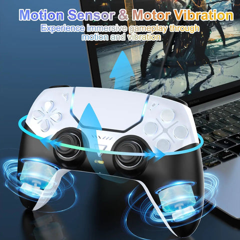 Wireless Game Controller For P5 And PC Steam Deck Programmable Buttons Vibration 6 Axis Sensor Built In Speaker Mute Function 3.5mm Headphone Jack Touch Pad LED Light Bar And Audio Output White on laptop