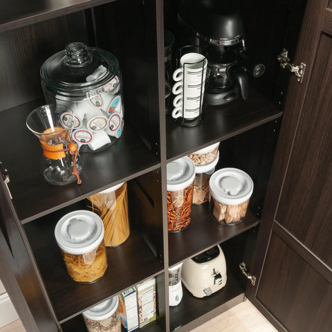 Tall Cinnamon Cherry Pantry Cabinet With Adjustable Shelves, 29.6 W By 16.0 D By 71.5 H, neat storage of jars and appliances