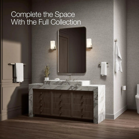 Elegant bathroom with Avid 24 Inch Towel Bar Polished Chrome Bathroom Towel Holder With Slick Modern Look, stylish marble vanity, wall lights.