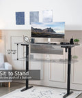 VIVO Electric Standing Desk Frame Single Motor Height Adjustable Workstation Base With Memory Settings Fits 41-74 Inch Tops Strong Black Steel Legs For Home Office Ergonomic Sit Stand Setup in modern workspace showing lift range 28 to 46 inches.